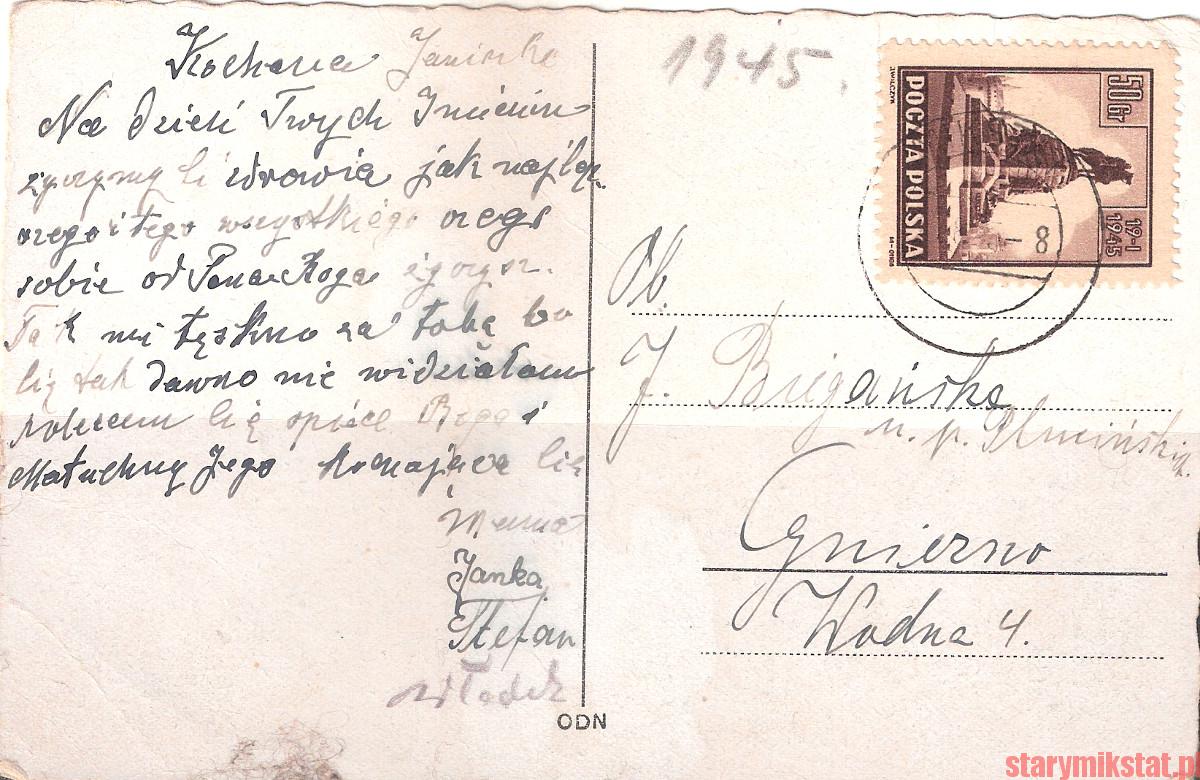 pocztówka z Mikstatu do Gniezna z roku 1945