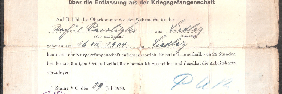 1940 zaświadczenie o zwolnieniu z niemieckiej niewoli wojennej