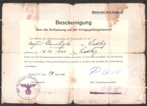 1940 zaświadczenie o zwolnieniu z niemieckiej niewoli wojennej