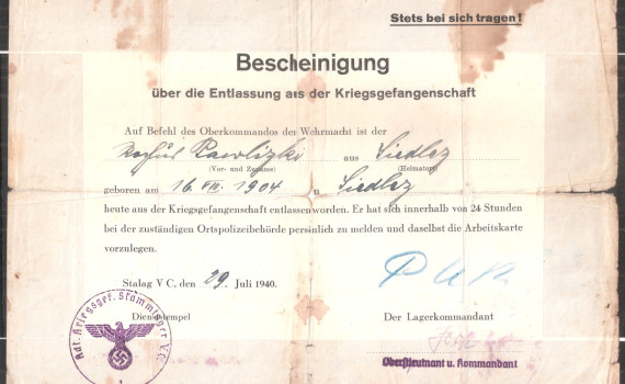 1940 zaświadczenie o zwolnieniu z niemieckiej niewoli wojennej